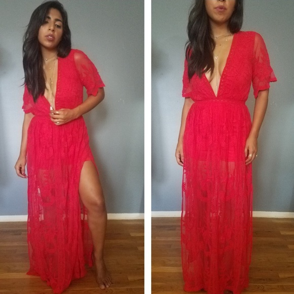 BOHO RED EMBROIDERED MAXI ROMPER DRESS - Picture 2 of 8